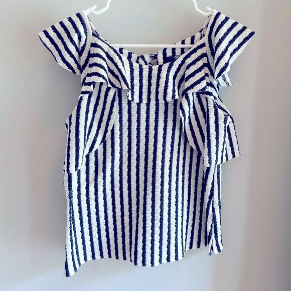 Eva Franco Keely Striped Bow Back Ruffle Top Navy Blue & White Stripe Size XS - Picture 4 of 8